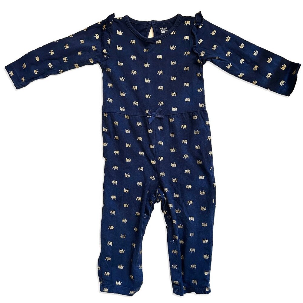 Carter's Navy Ruffle Jumpsuit with Gold Elephants 18m